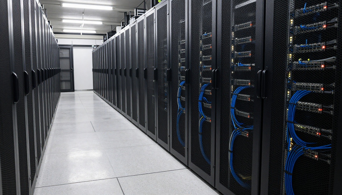 A long aisle of server racks in a data center with neatly routed network cables