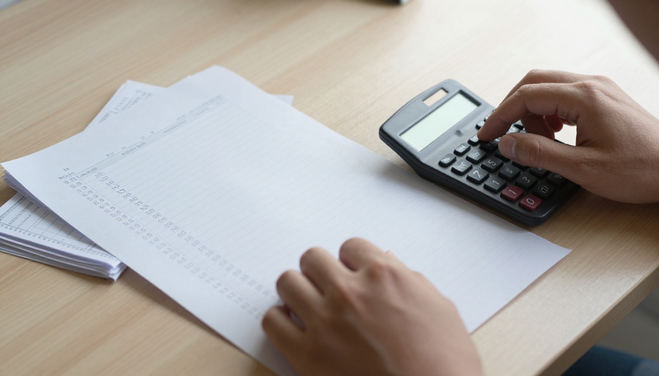 Hands working through image API costs on a calculator beside printed receipts and a ledger