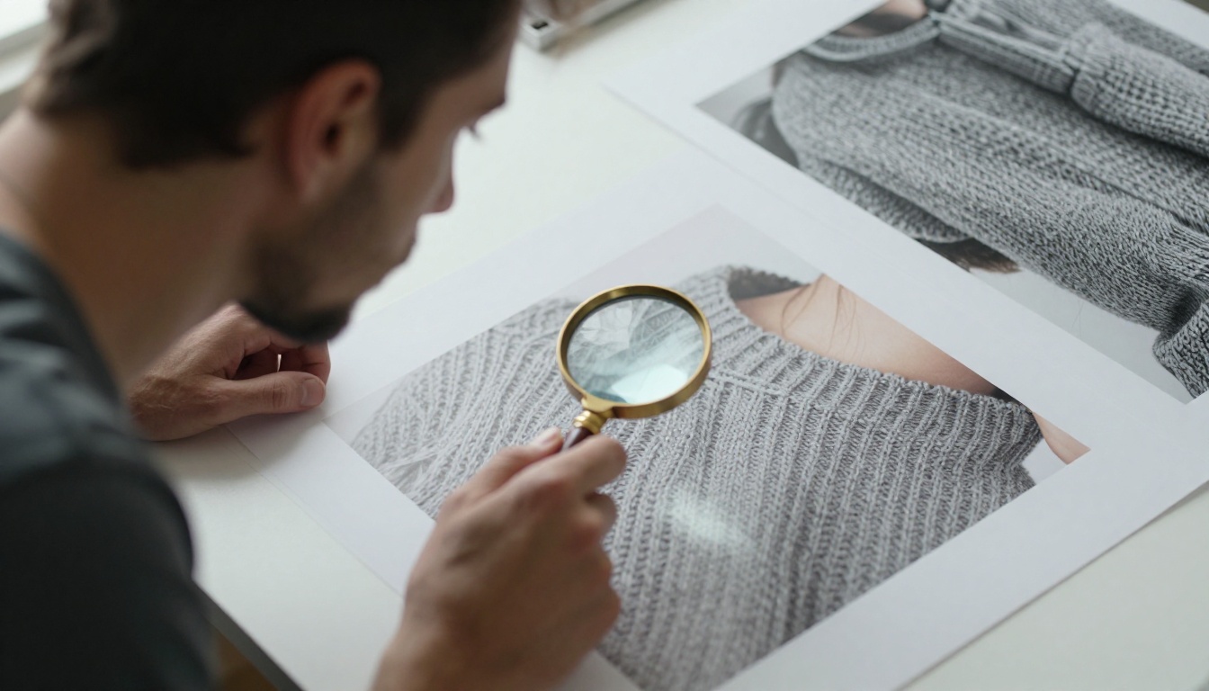 Photo editor inspecting a large print with a loupe next to a near identical comparison print