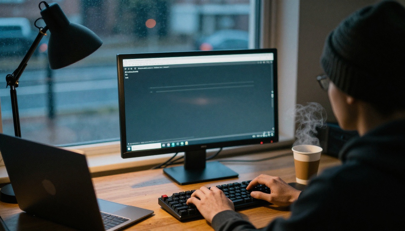 Developer typing at a standing desk beside a rainy window at dusk