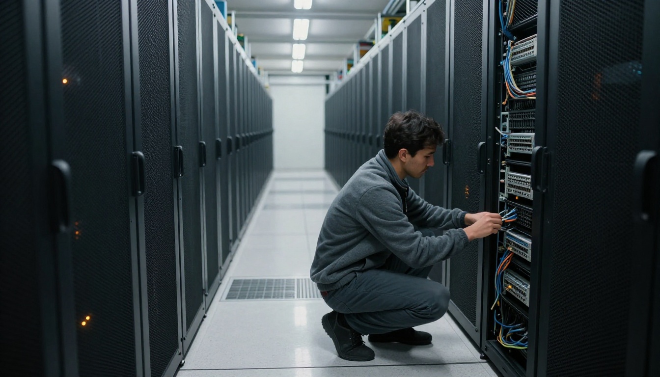 Technician checking a patch panel in a long aisle of server racks