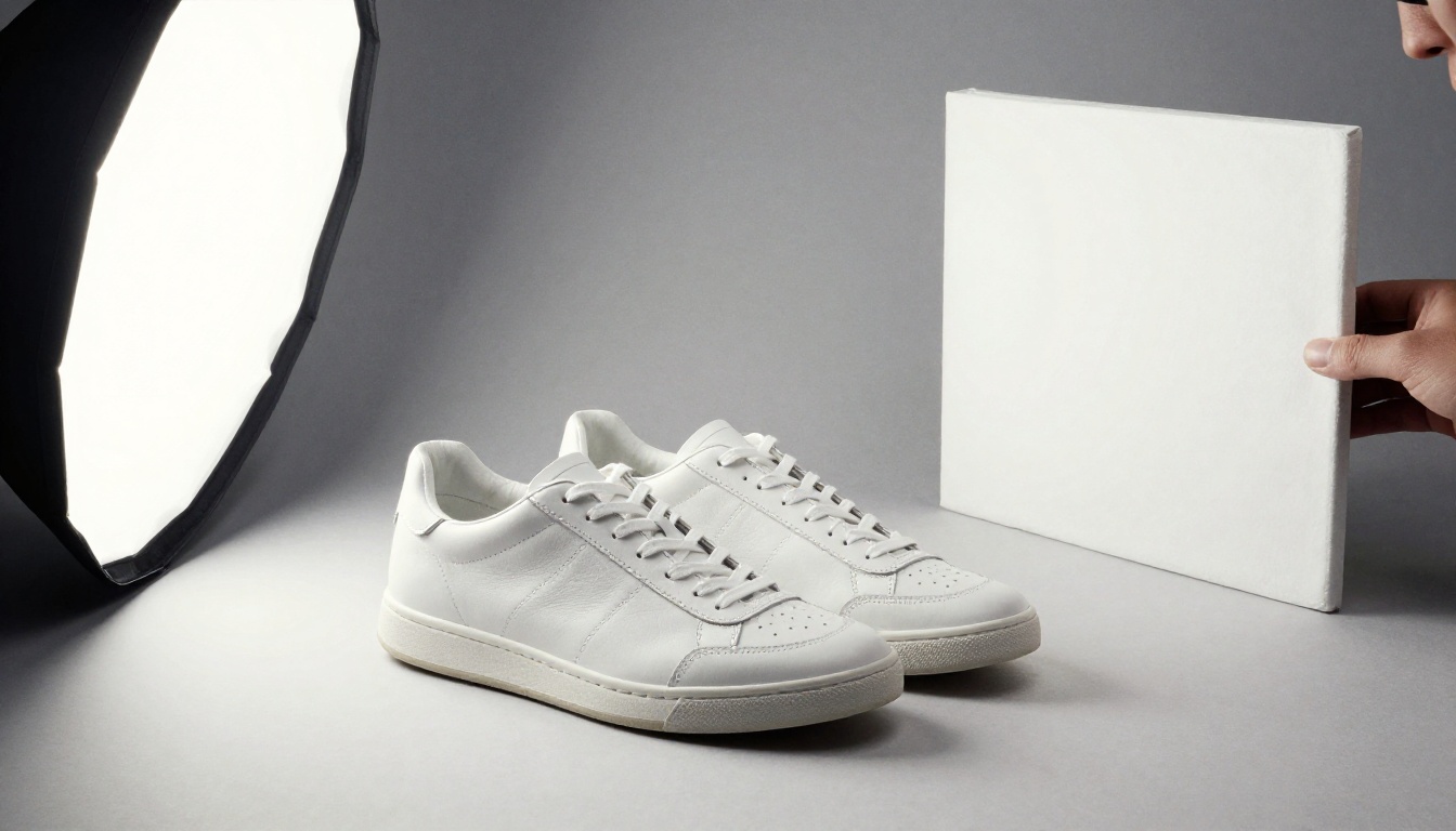 White leather sneakers on a gray seamless backdrop in a softbox lit product studio