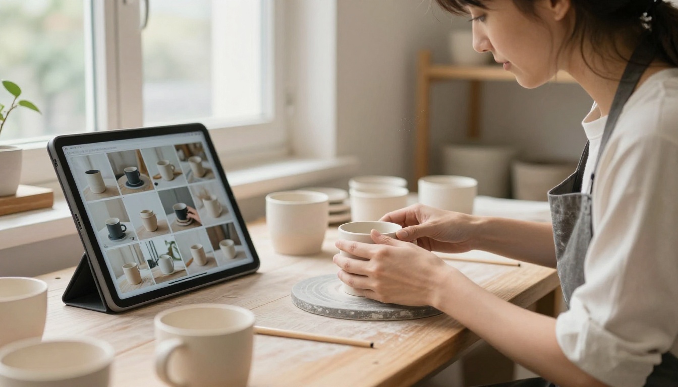 A ceramics shop owner arranging handmade mugs while a tablet shows product photos