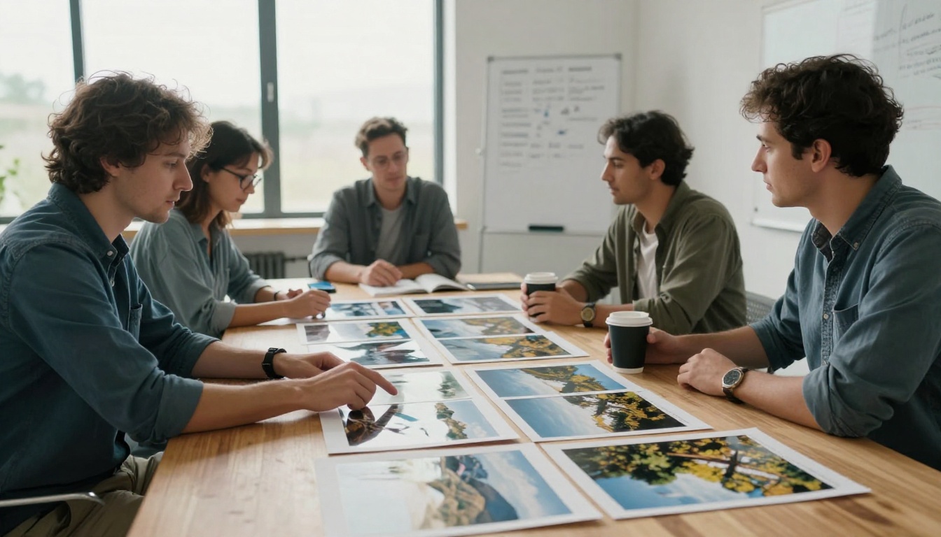 Four colleagues around a timber table reviewing printed grids of near identical photos