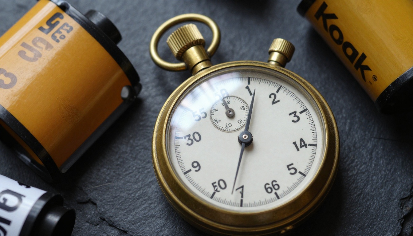 Brass stopwatch next to 35mm film negatives on a slate surface