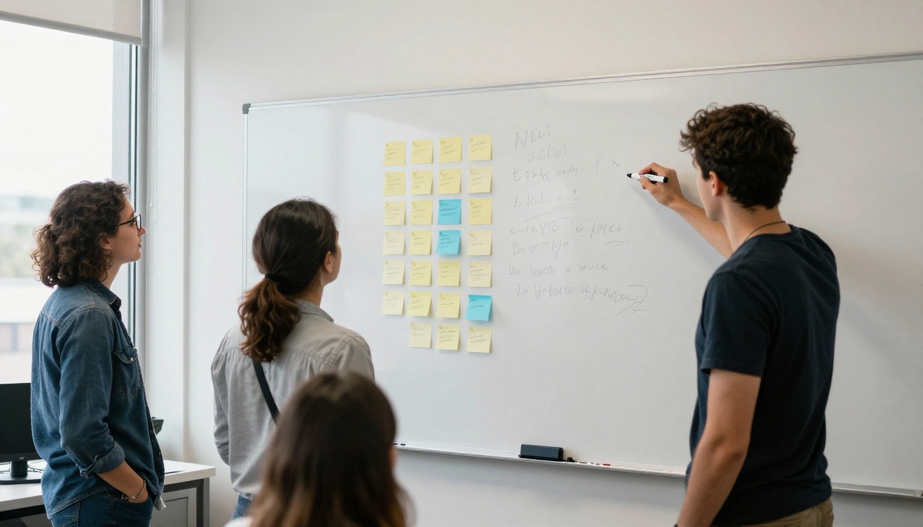 Four colleagues around a whiteboard filled with sticky notes in a bright office