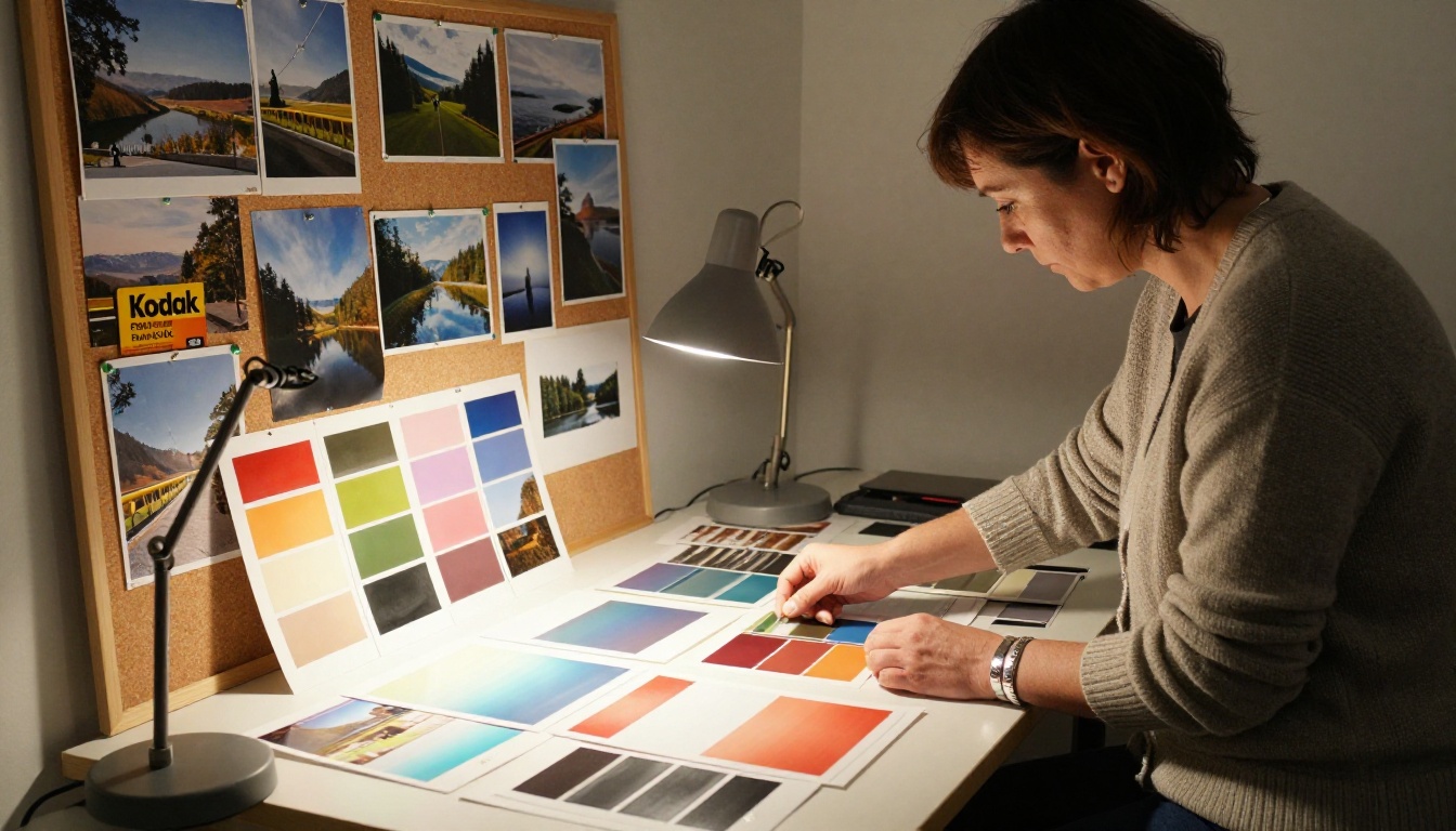 Art director selecting prints at a light table with a photo mood board behind her