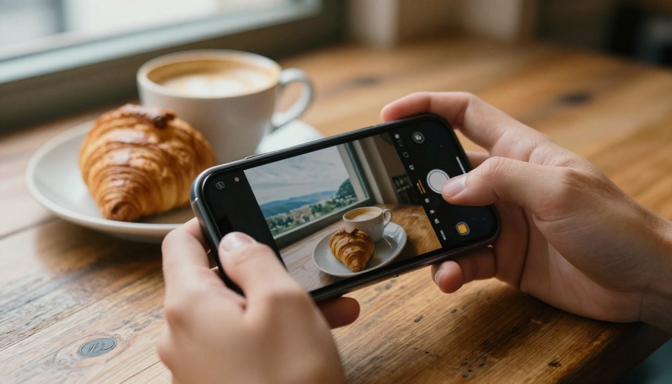 Two hands holding a smartphone with a photo gallery above a cafe table