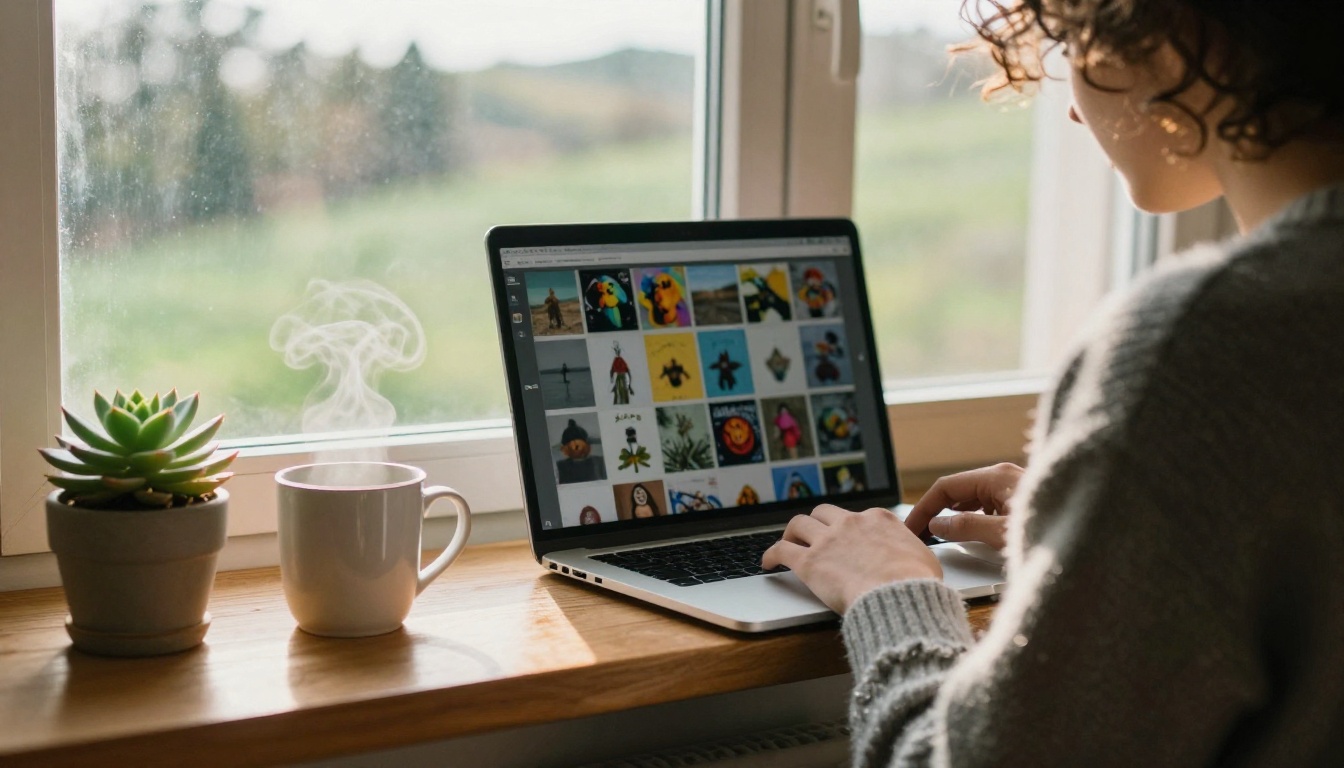 Creator at a sunlit window with a laptop showing a blurred gallery of thumbnails