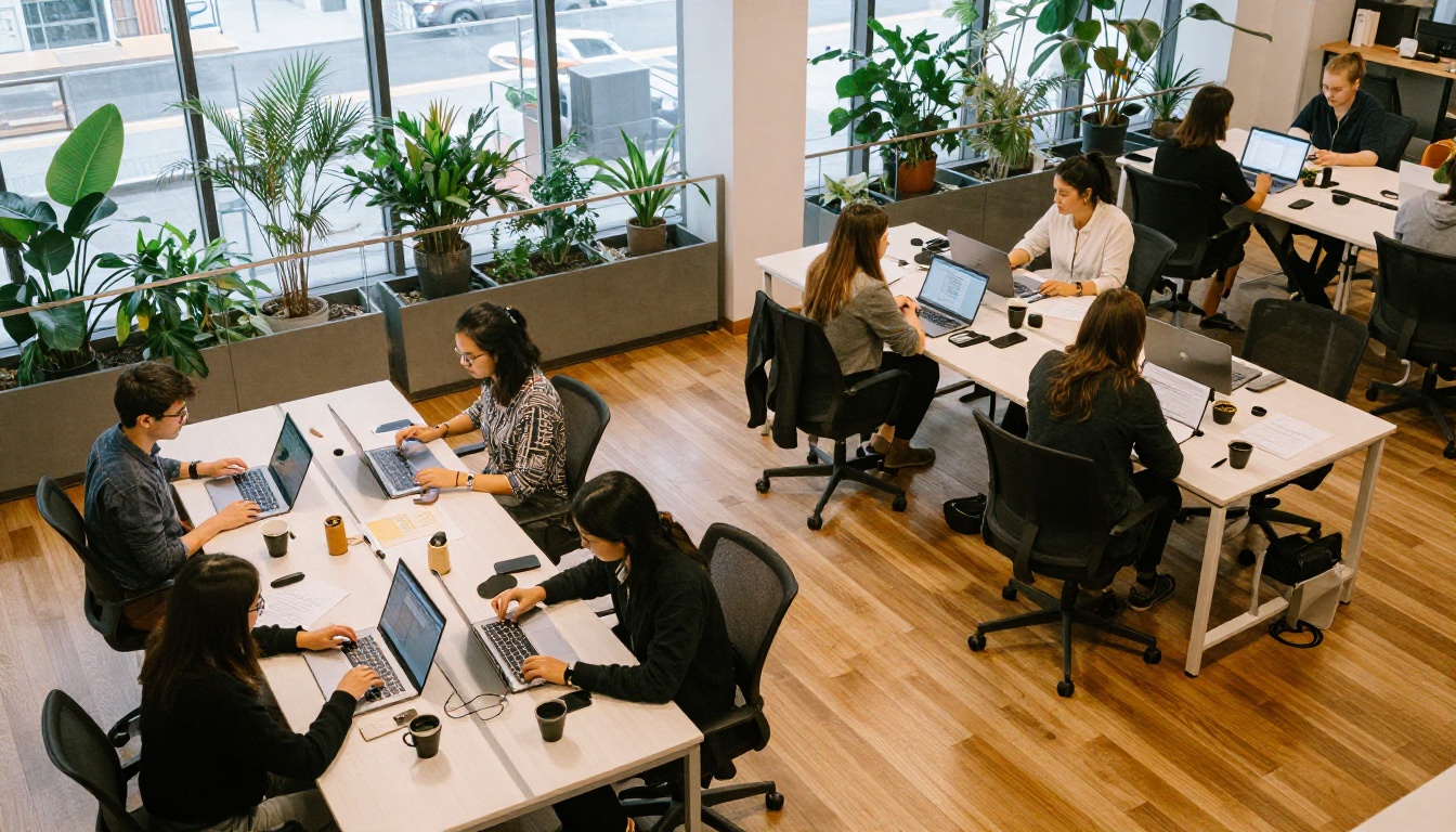 A busy coworking space seen from above with people working at laptops