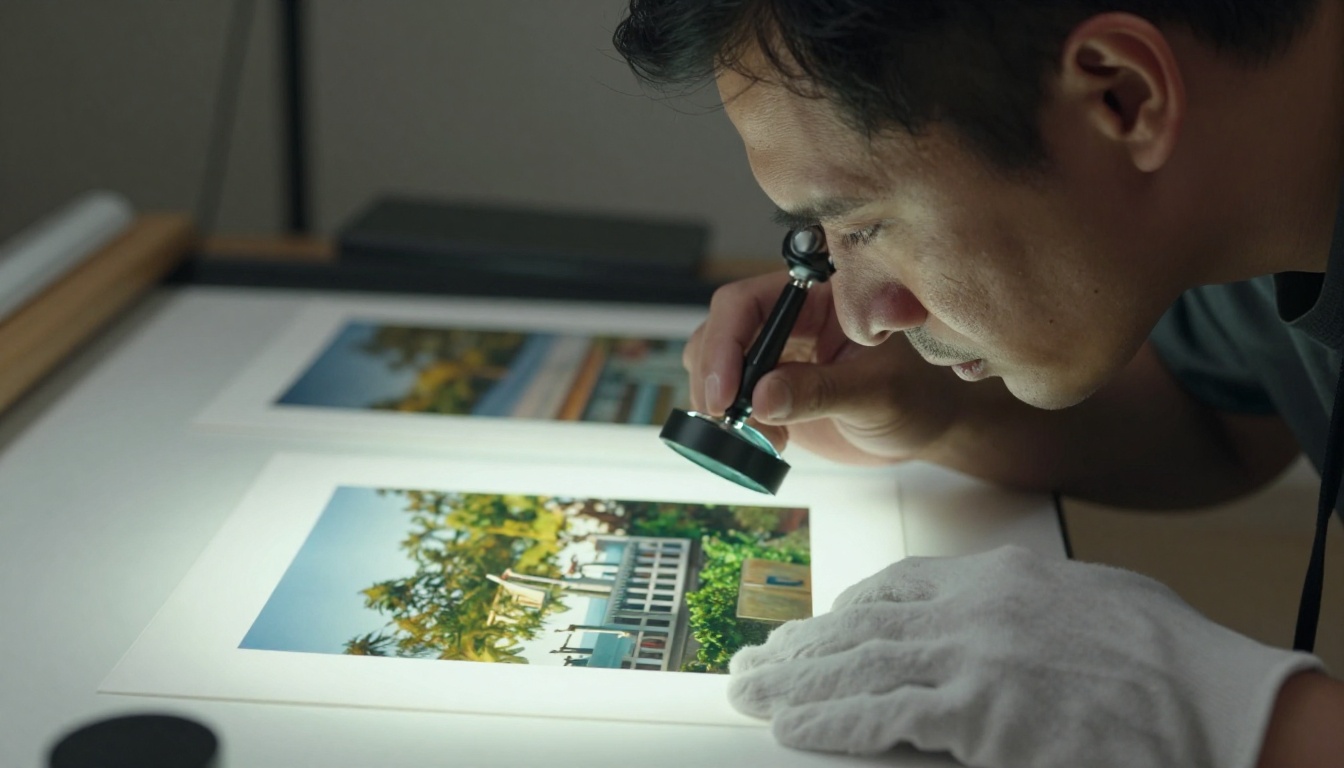 A photographer inspecting a printed landscape on a light table with a loupe