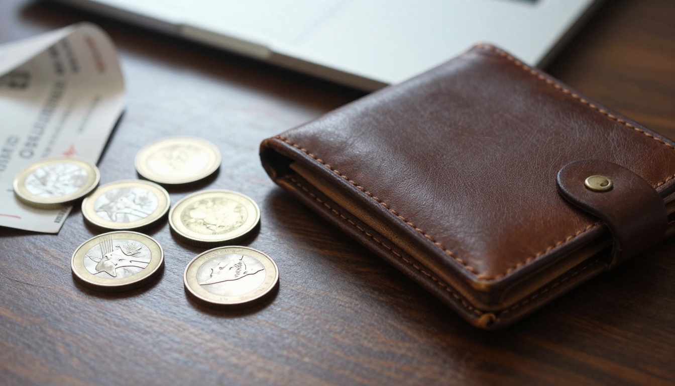 A worn leather wallet open on a walnut table beside a laptop with coins and a paper ticket