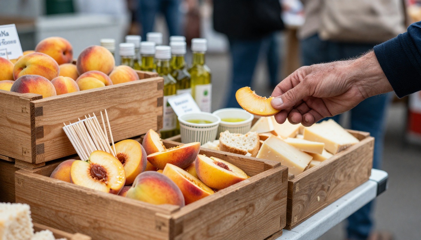 A farmers market stall with crates of free food samples offered on toothpicks