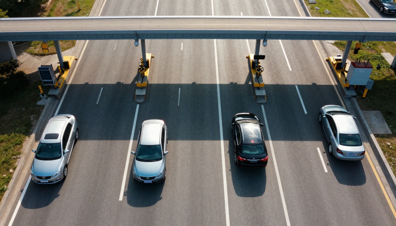 Aerial view of a highway narrowing into five toll lanes with one car waiting in each