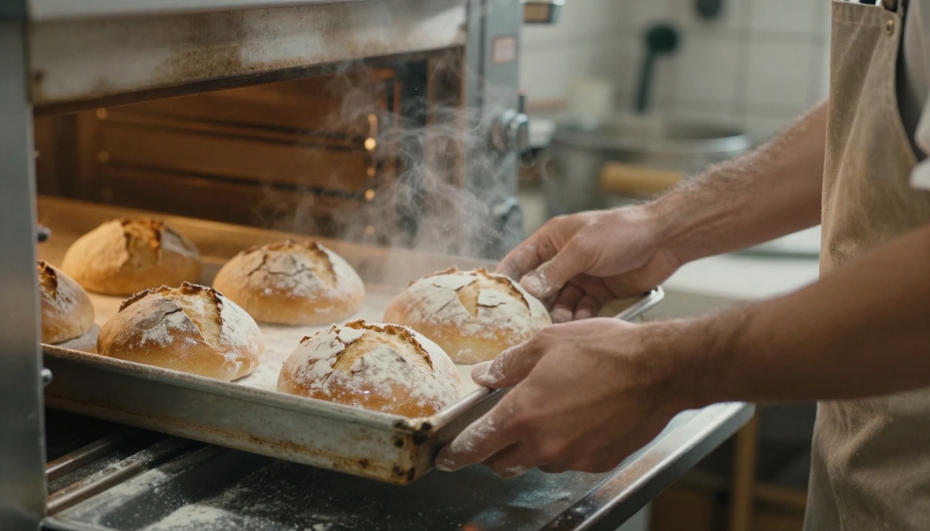 A baker's flour dusted hands holding an oven door open to check six loaves