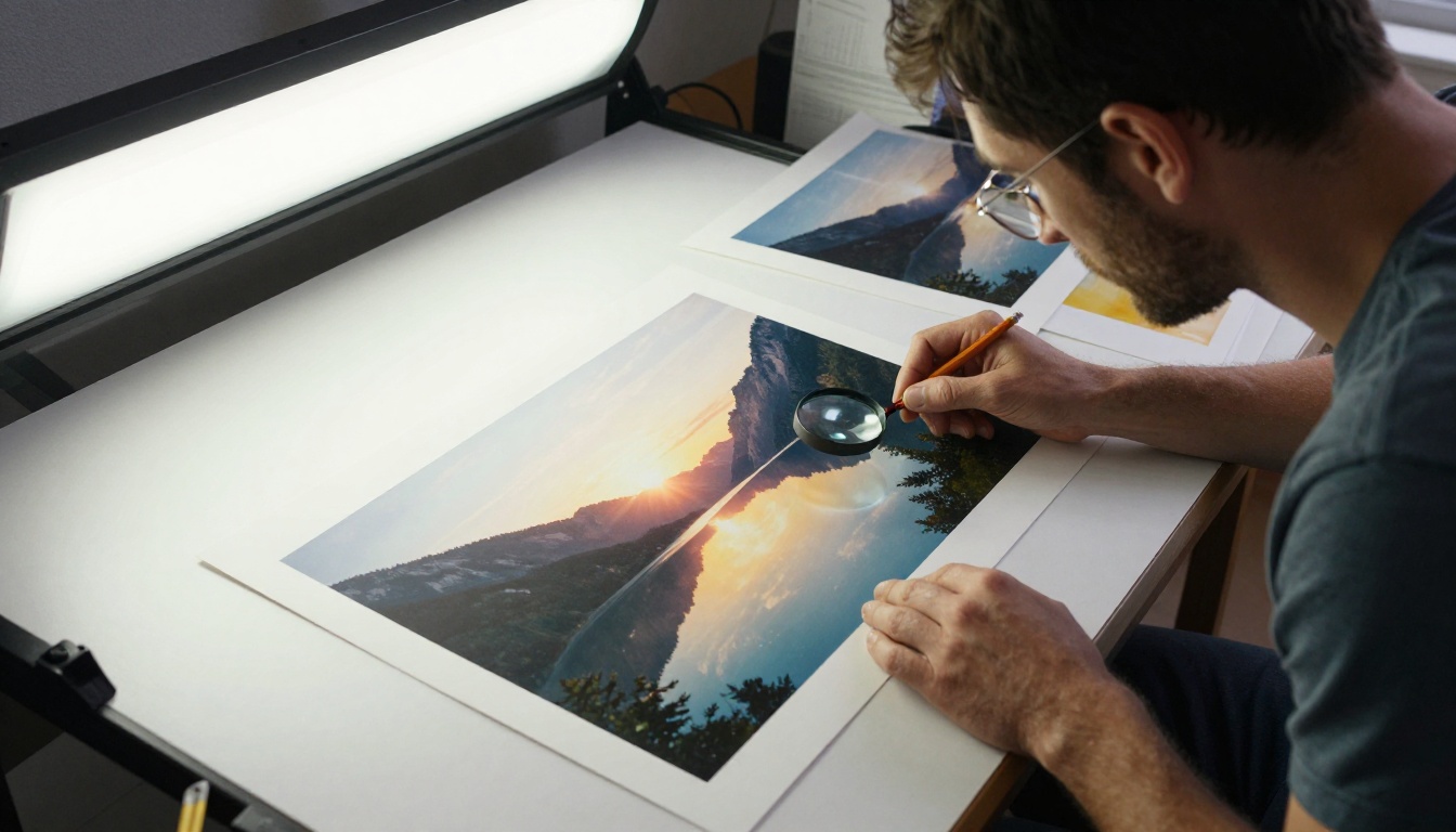 A photo editor comparing two nearly identical mountain lake prints on a light table