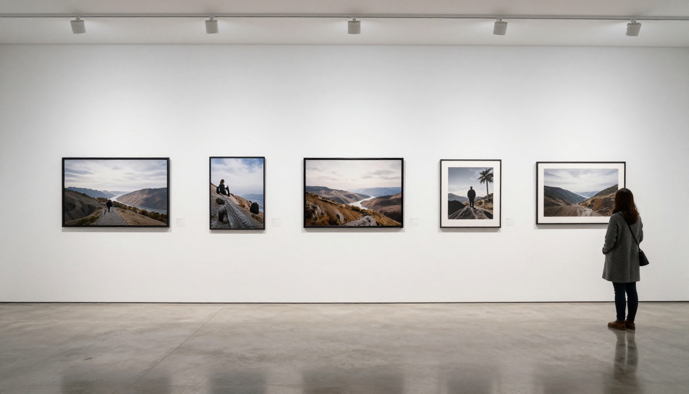 A white gallery wall with seven framed photographs in different proportions