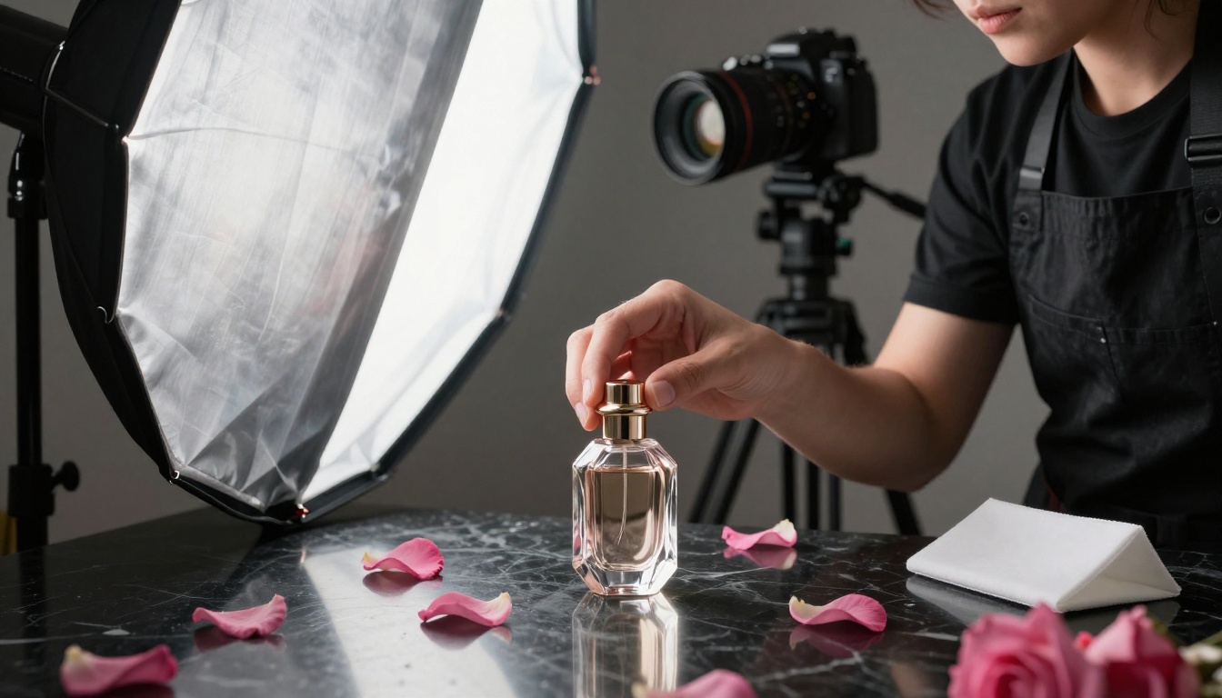 A product photographer adjusting a perfume bottle on black marble under a softbox