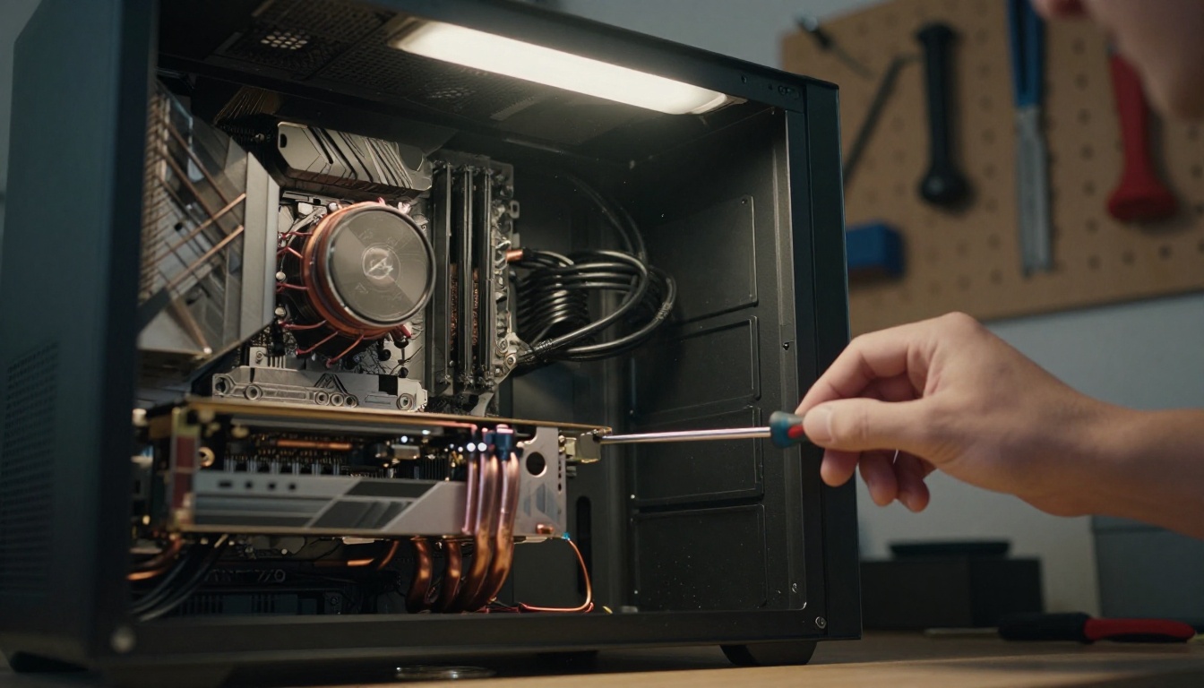 An open desktop computer on a basement workbench with a graphics card and a screwdriver