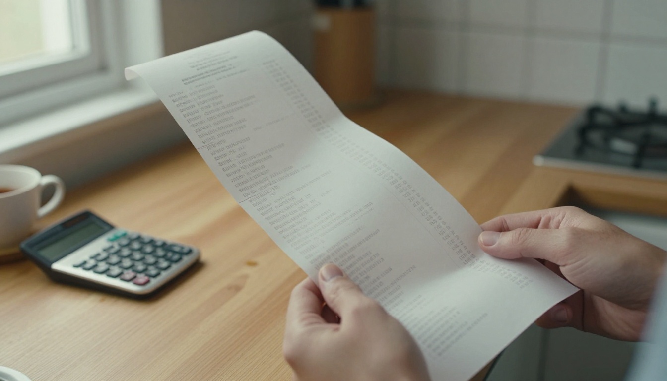 Two hands holding a very long paper receipt that curls off a kitchen counter