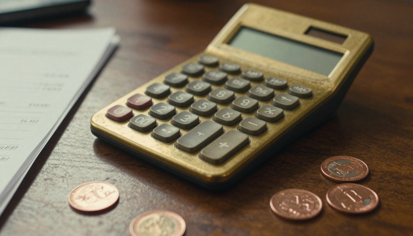 Low-angle view of a brass desktop calculator beside paper receipts and copper coins on a walnut desk
