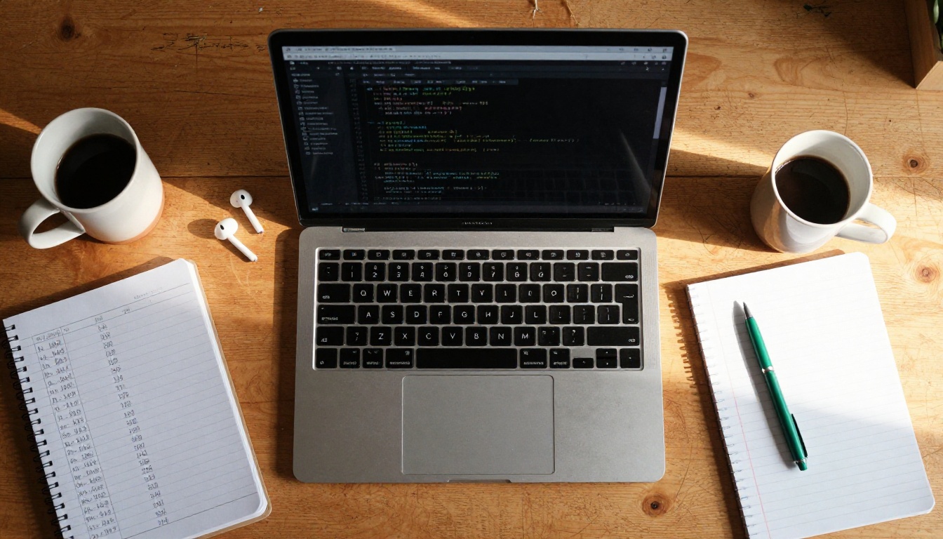 Overhead view of a developer desk with a laptop, a notebook of handwritten price columns and a coffee mug