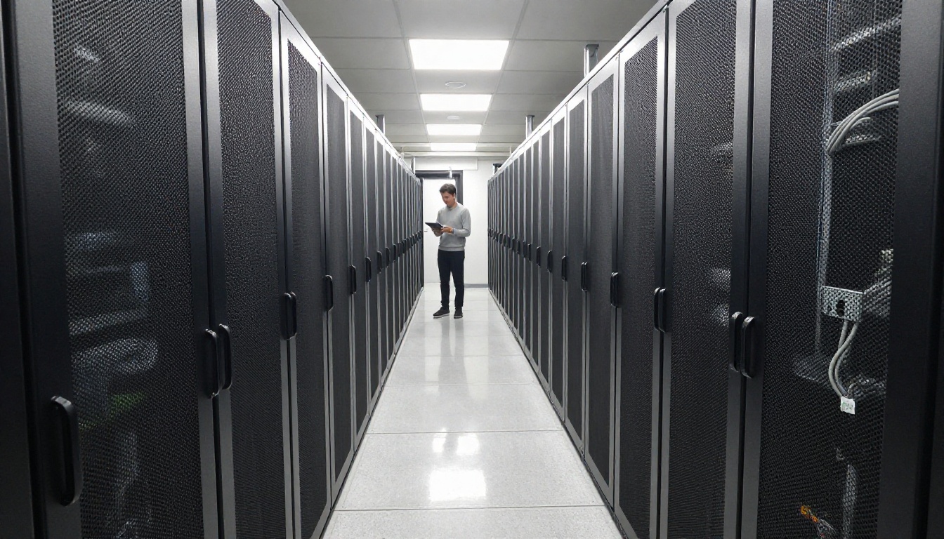 Wide view down an aisle of matte black server racks with bundled network cables overhead