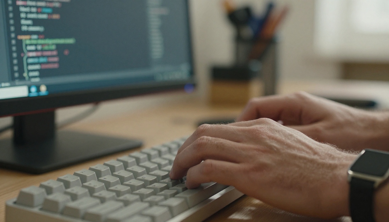 Close-up of a developer's hands typing in front of a blurred dark code editor