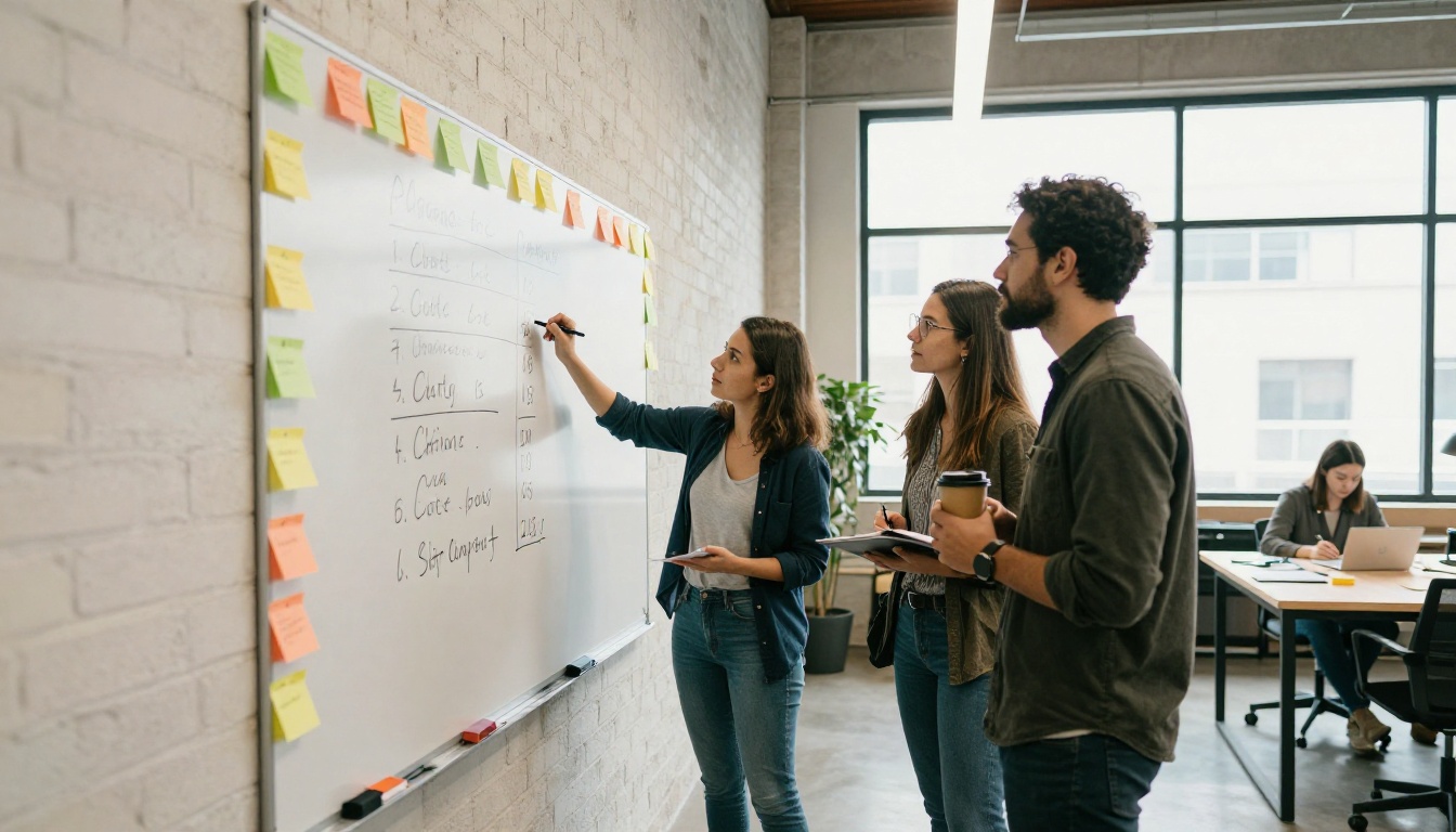 Three teammates at a whiteboard comparing a handwritten table of costs in a bright brick office