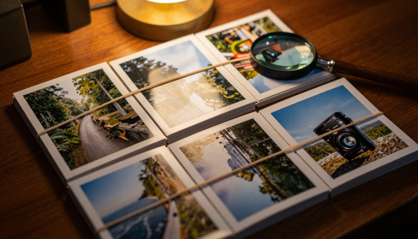 Stacks of printed photographs bundled with rubber bands and a jeweler's loupe resting on top