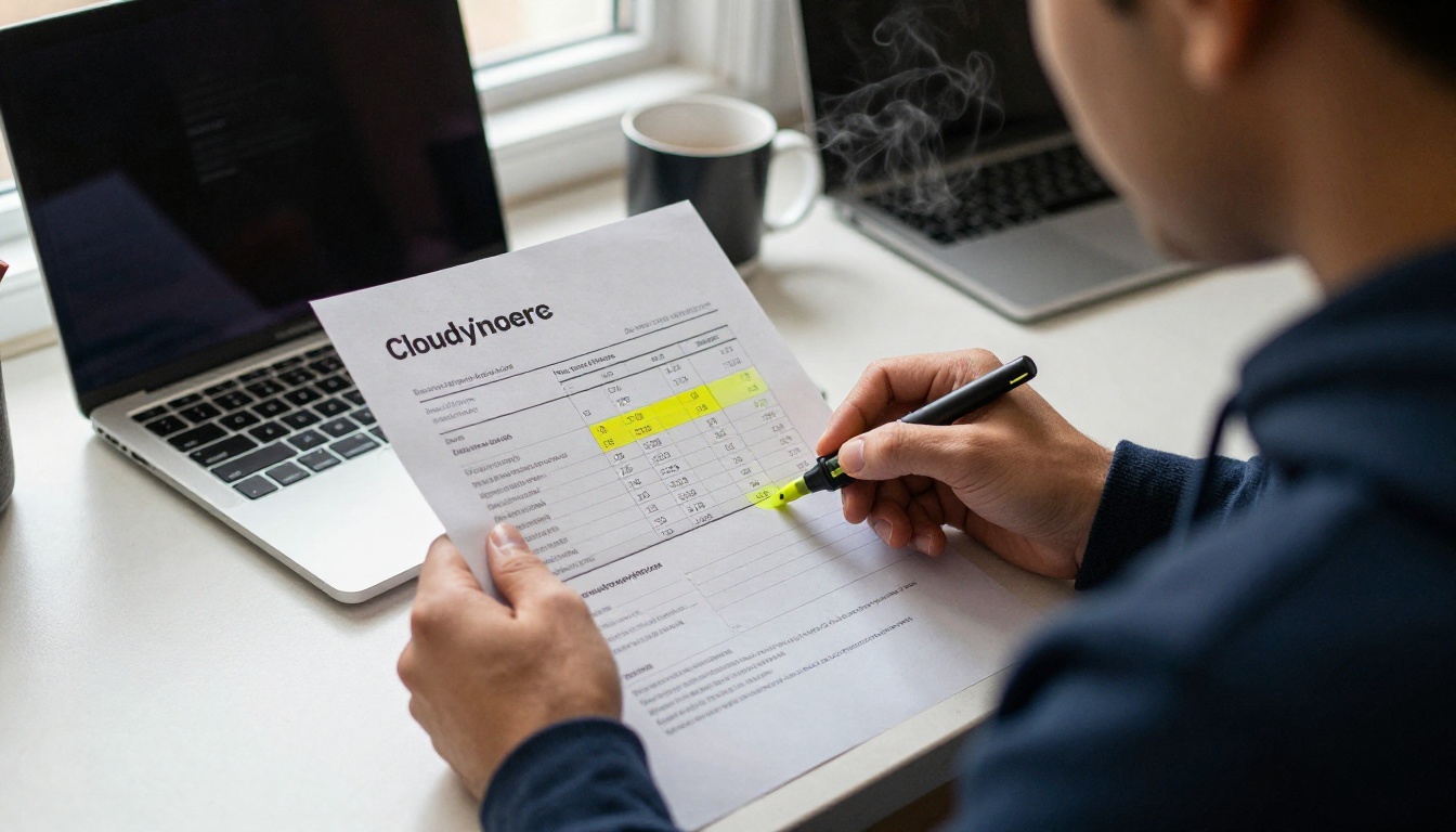 A developer in a navy hoodie marking a line item on a printed monthly invoice with a yellow highlighter