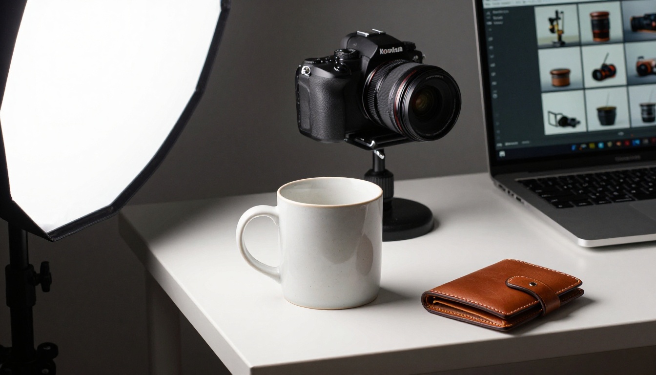 A product photography table with a ceramic mug, a leather wallet, a tripod-mounted camera and a laptop showing thumbnails