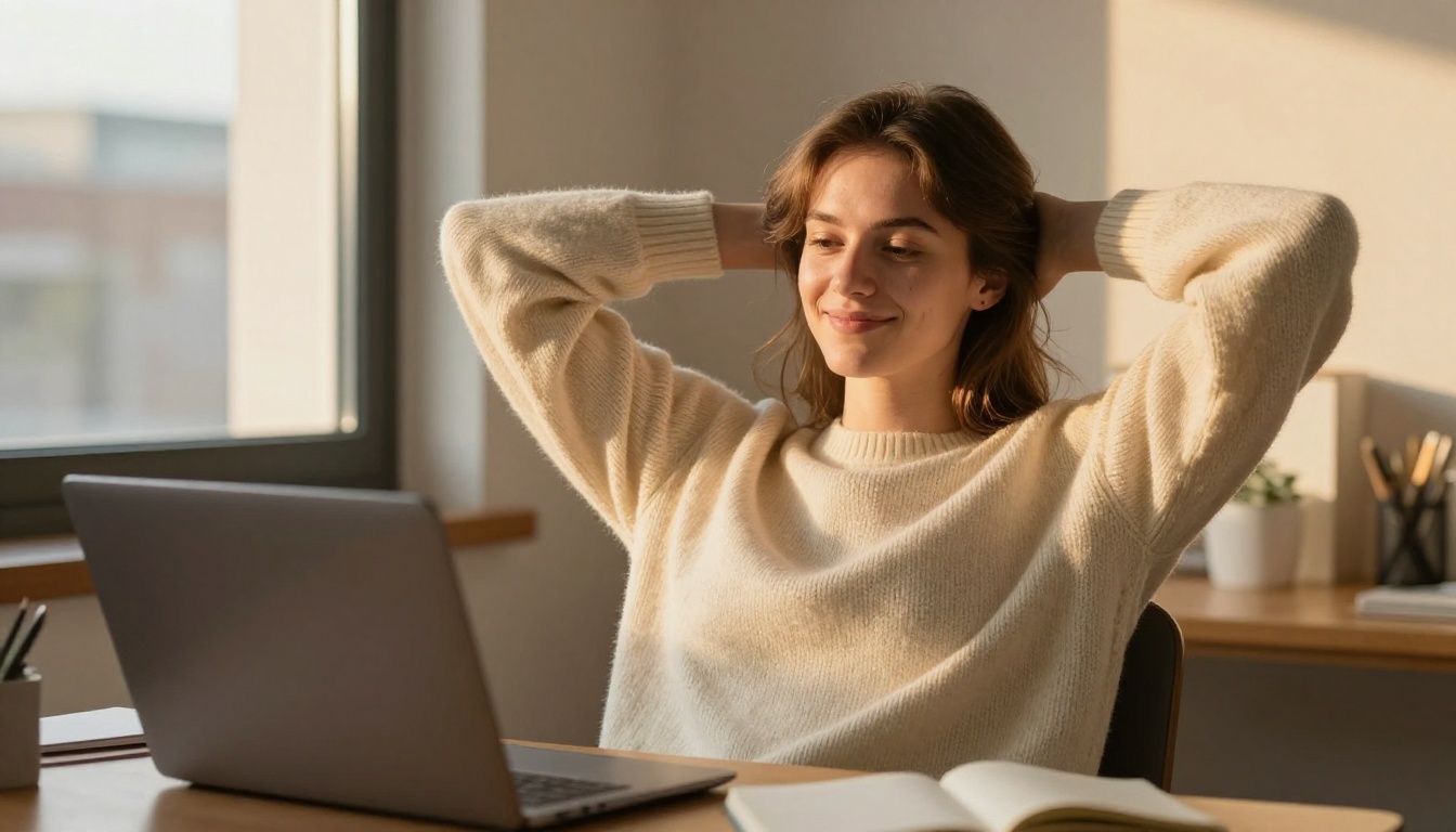 A relaxed developer in a cream sweater leaning back beside a window at golden hour after finishing a cost comparison