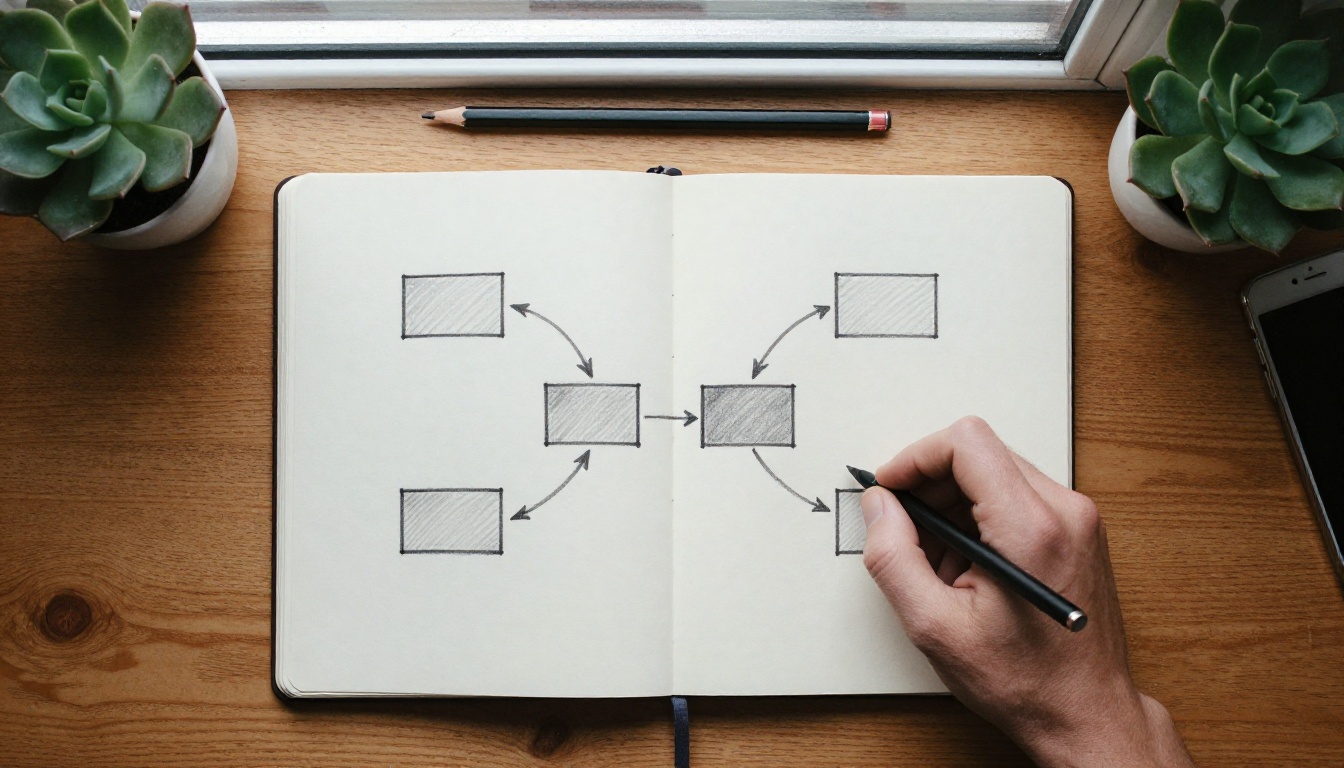 An open notebook with a hand-drawn flow of five connected boxes on a wooden desk