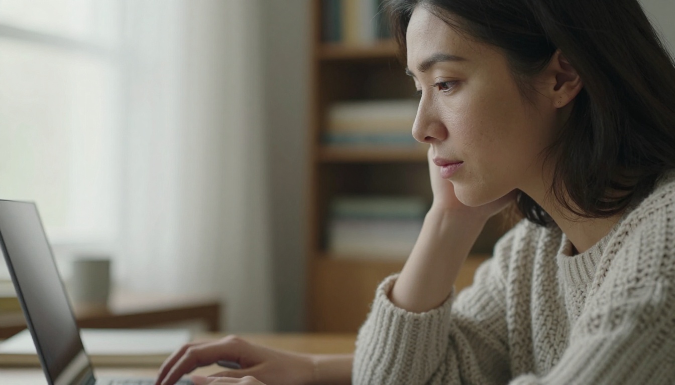 A woman in a knit sweater looking at a laptop in a home office