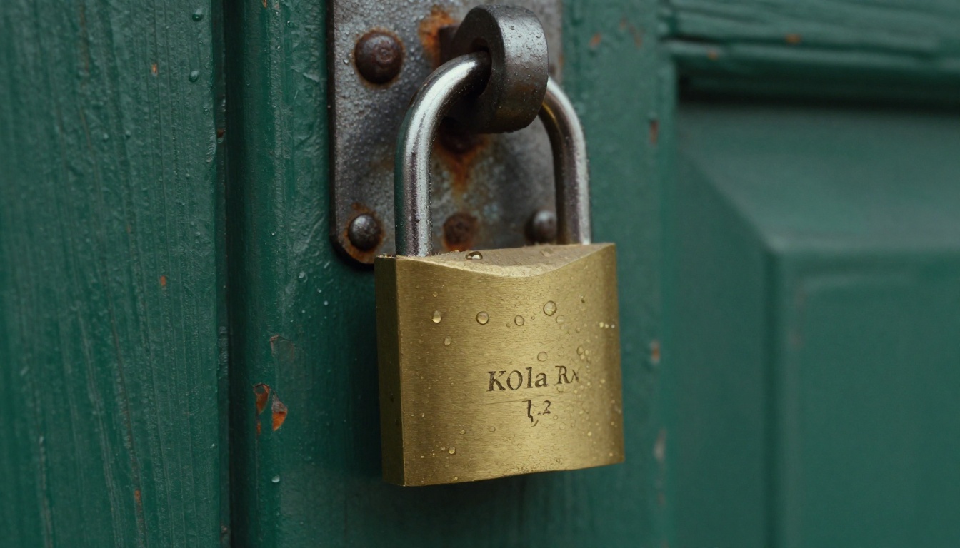 A closed brass padlock on a weathered oak door