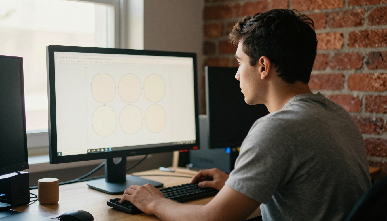 A developer at a standing desk looking at a monitor with connected workflow blocks