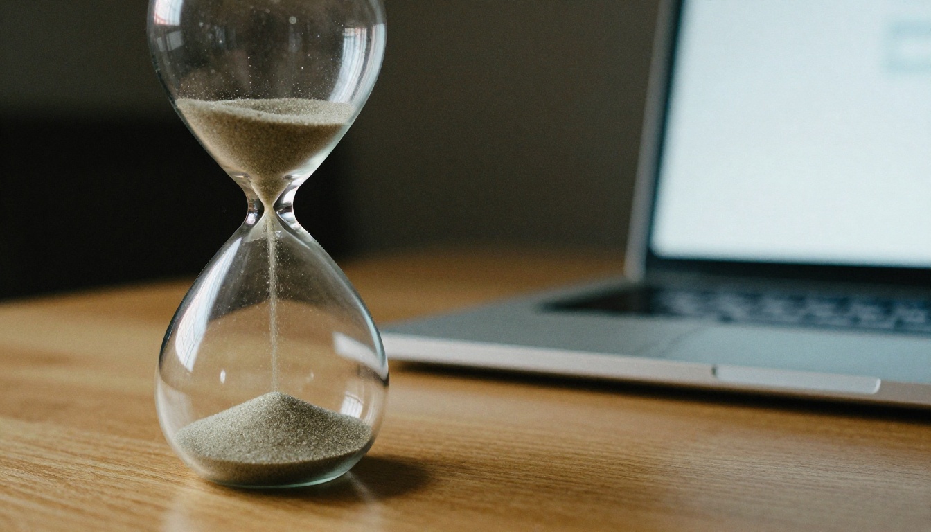 A glass hourglass with sand falling on a wooden desk