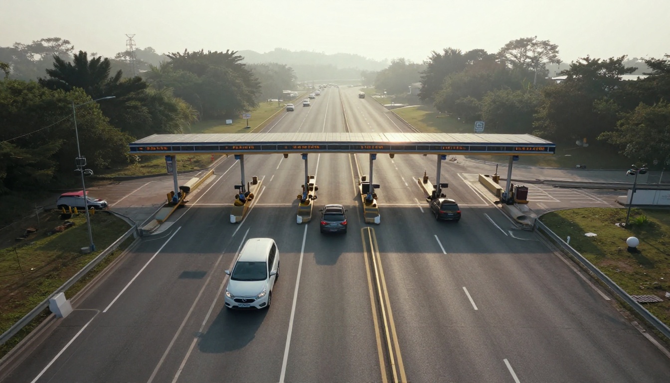 An aerial view of a toll plaza with five open lanes and one car in each