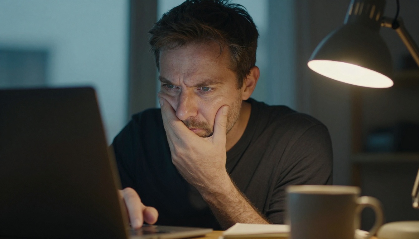 A tired man in his forties squinting at a laptop late in the evening