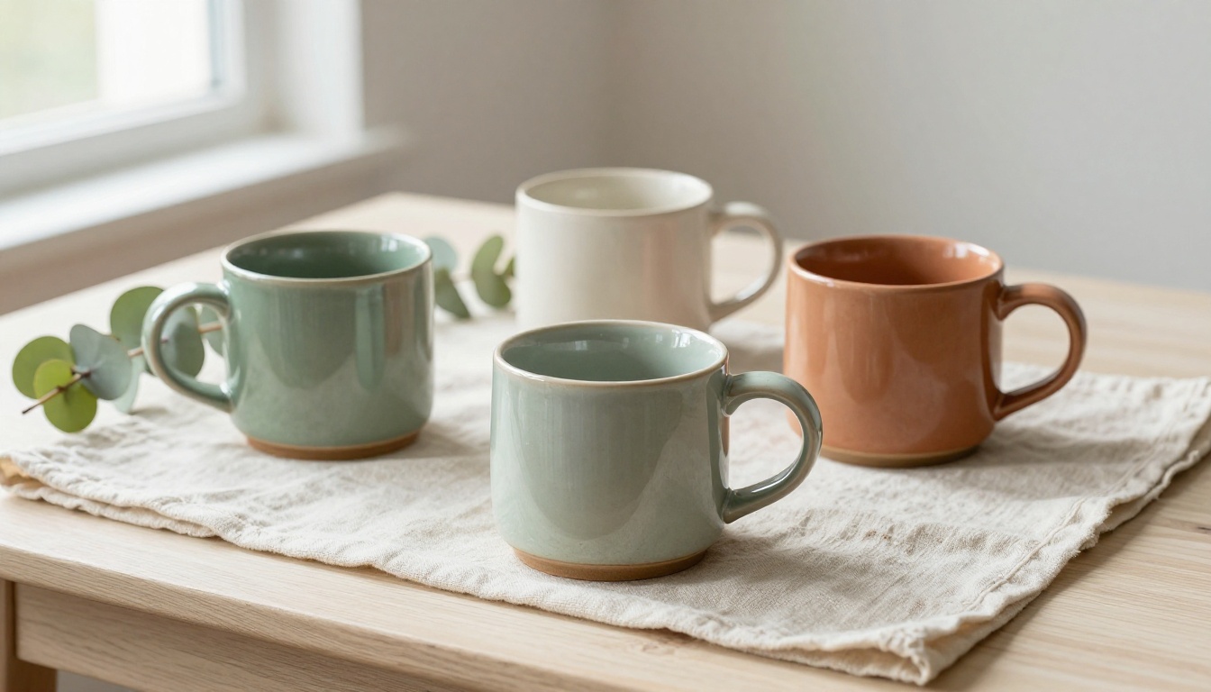 Three handmade ceramic mugs in sage, cream and terracotta on a linen cloth