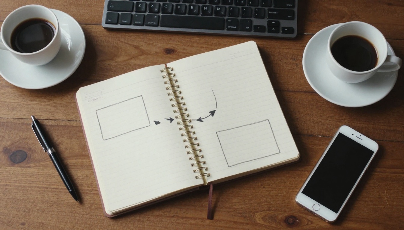 Notebook with hand-drawn request and response arrows on a walnut desk