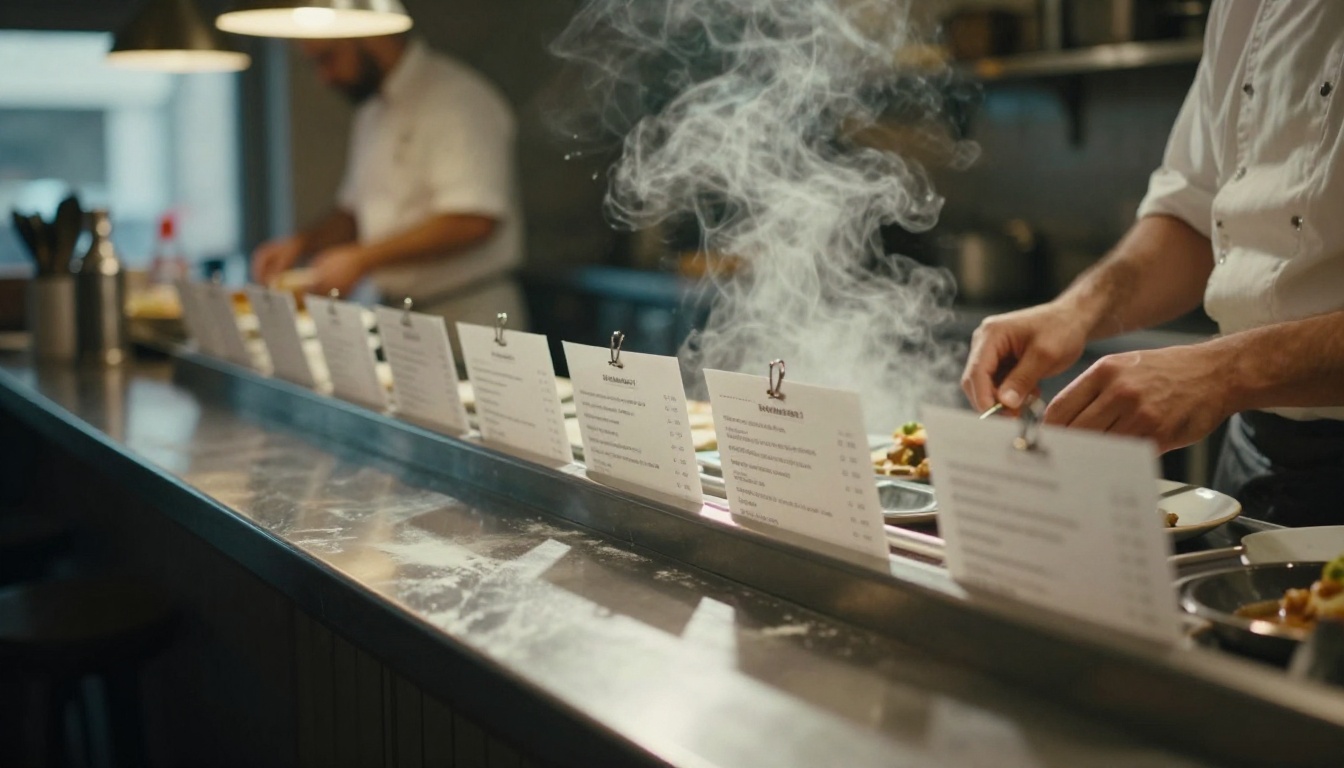 Chef plating a dish at a kitchen pass lined with paper order tickets
