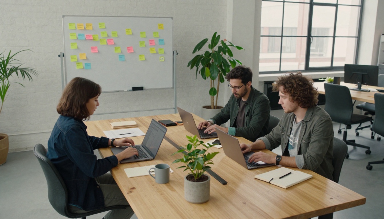 Two developers sharing a pine table in a bright coworking loft