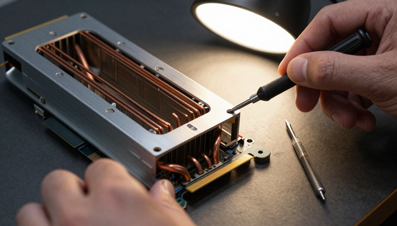 Technician seating a graphics card into an open desktop computer