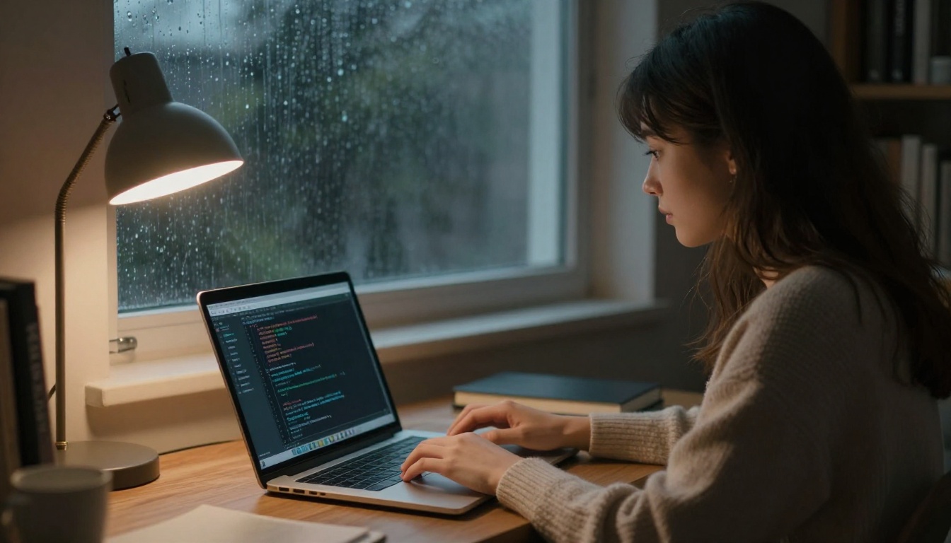 Young woman typing a script at a laptop in a rainy evening apartment