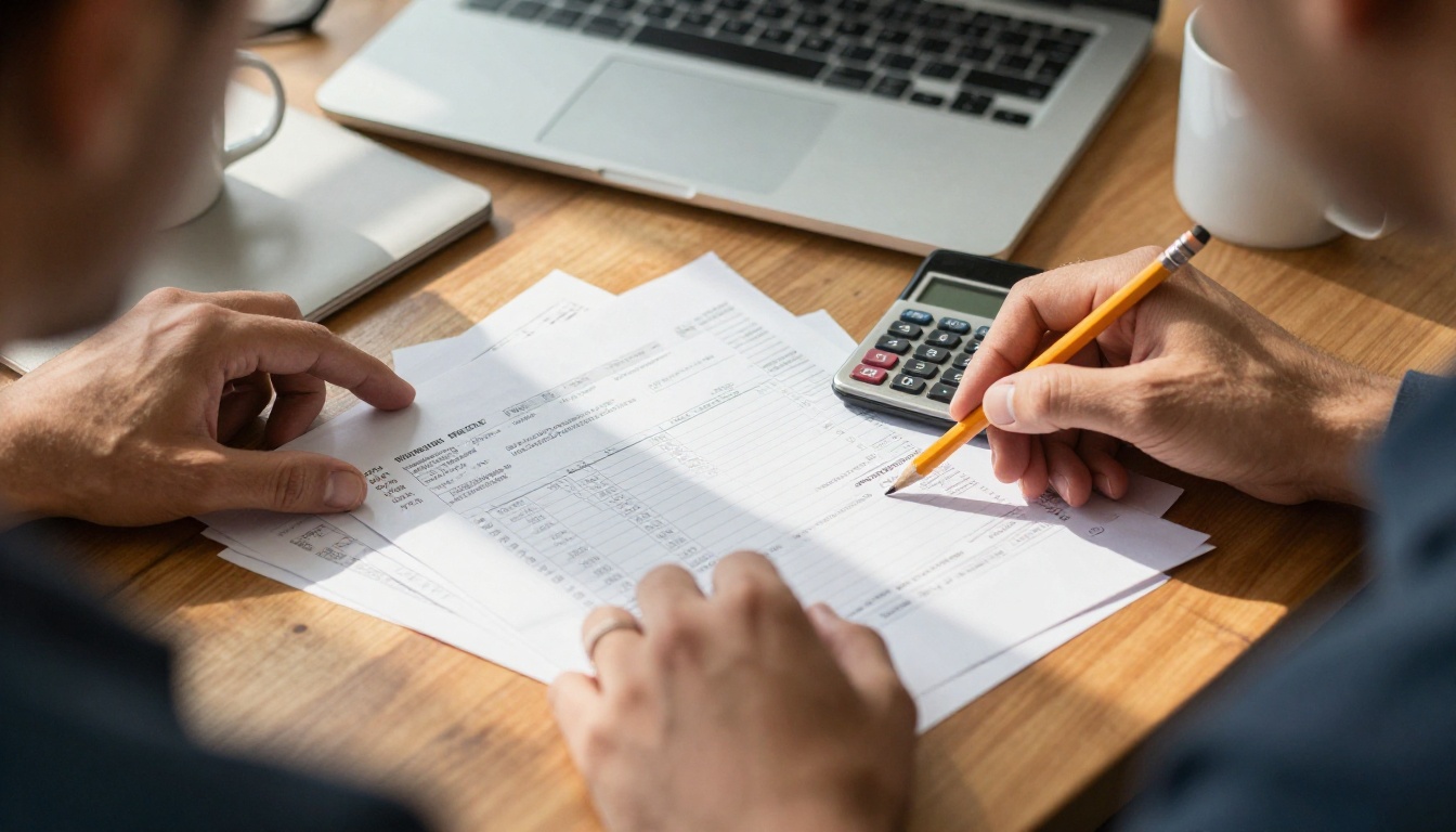 Small business owner reviewing printed invoices with a calculator
