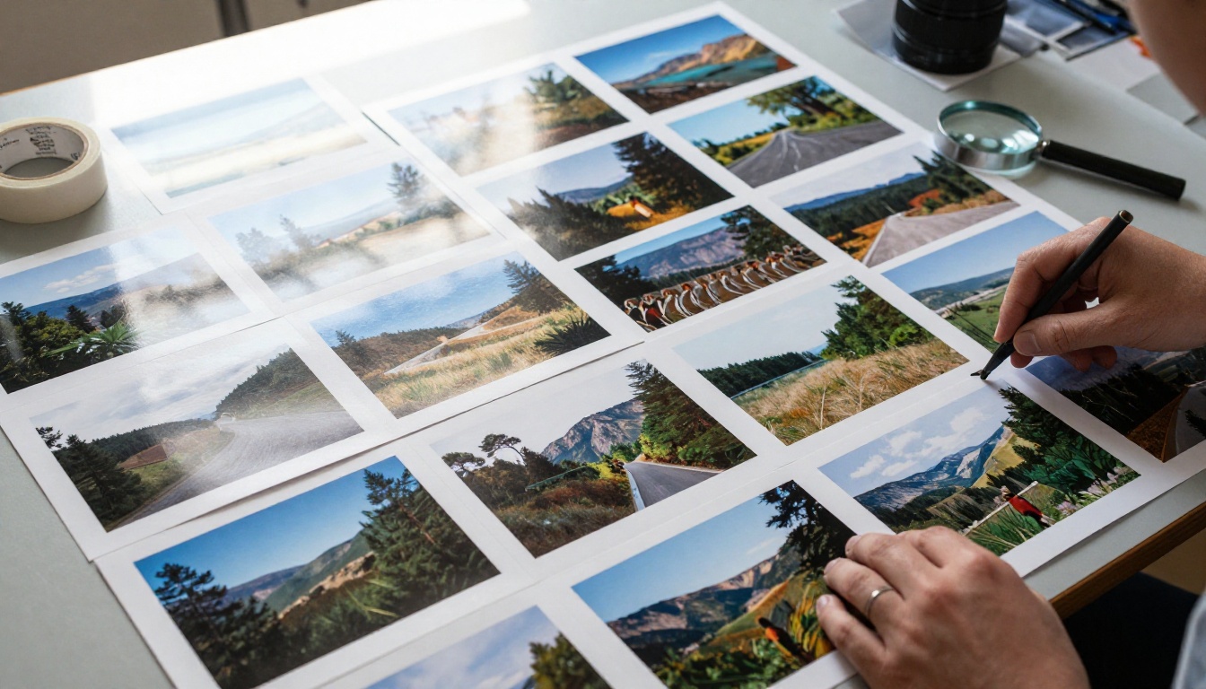 Hands arranging printed photographs in rows on a studio table