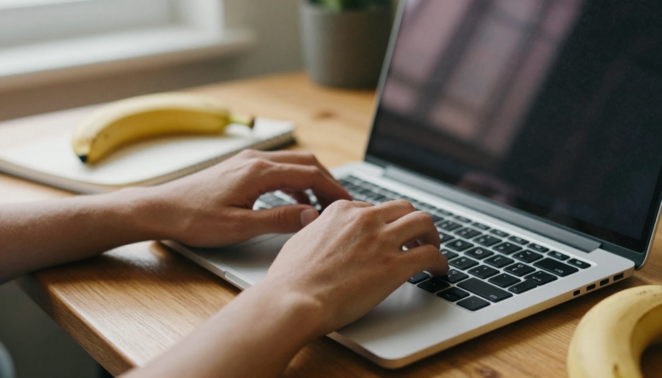 Developer hands typing on a laptop beside a half eaten banana and a notebook