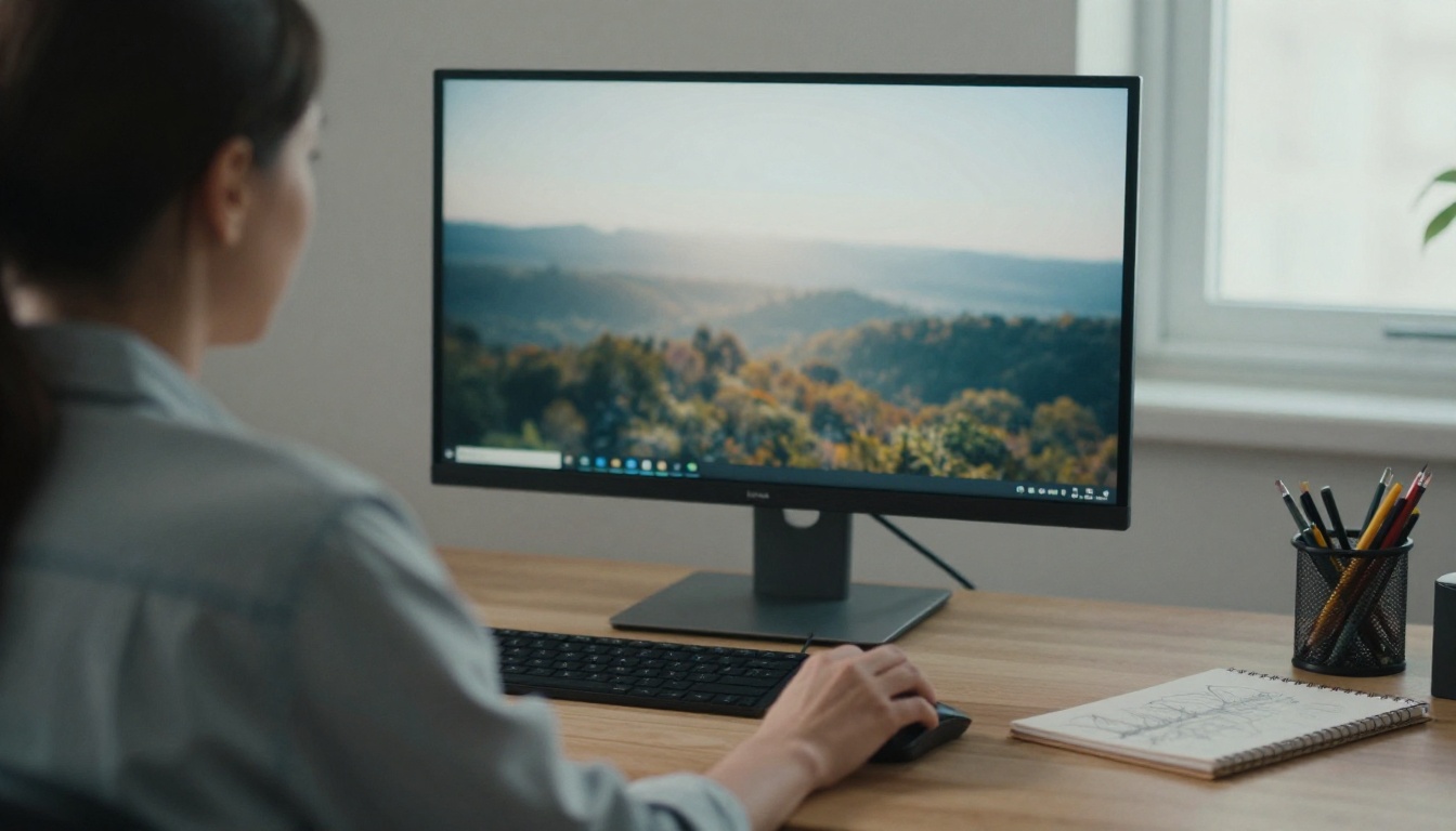 Woman at a bright studio desk with a large monitor showing a landscape